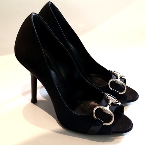 Gucci Horsebit Satin Peep Toe Pump Black 5.5 - Picture 2 of 9